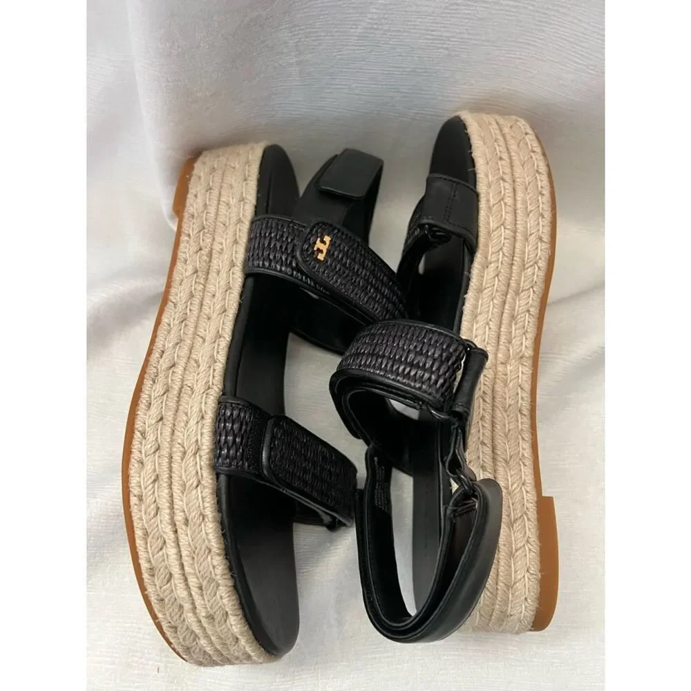 Tory Burch Black Woven Platform Espadrille Sandal in size 9